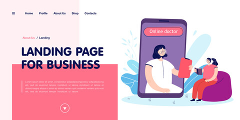 Patient at online therapy session. Female character on huge phone screen, woman taking notes flat vector illustration. Online therapy, mental health concept for banner, website design or landing page