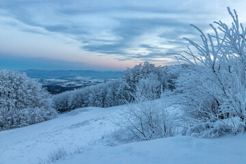 winter sunset blue hour landscape with snow