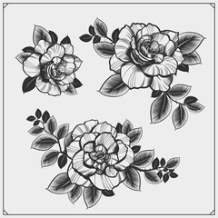 Rose flower tattoo. Print design for t-shirt, poster. Vector black and white illustration.