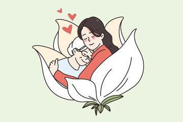 Obraz premium Young woman hug cuddle old mother show love and care. Happy millennial girl embrace comfort mature elderly grandmother. Geriatrics, good maturity concept. Flat vector illustration. 