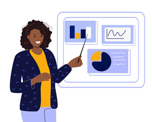 Woman speaker pointing to presentation on white board during business seminar. Office worker showing a report on a board with a pointer. Isolated flat vector illustration of a woman on a flipchart