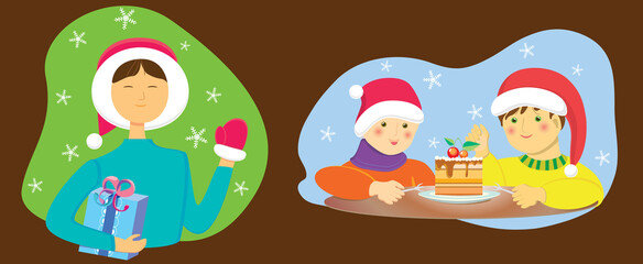 Fototapeta premium Christmas nativity scene. Little Santa. Boy with a gift, little children eating cake, the boy greets in the red glove