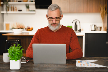 Mature middle-aged man businessman freelancer tutor typing texting with colleagues friends, working remotely on laptop, watching webinars, e-learning online at home