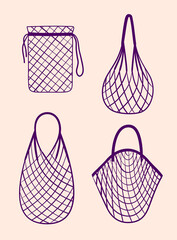 Eco bags, empty string bags. Isolated vector illustration, simple, hand drawn. Zero waste shopping, ecological kit set, mesh and net bags for vegans. Reusable and eco friendly items instead of plastic