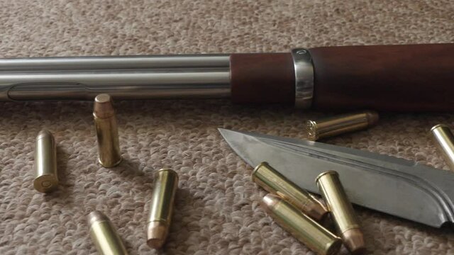 weapons and ammunition close-up on the carpet