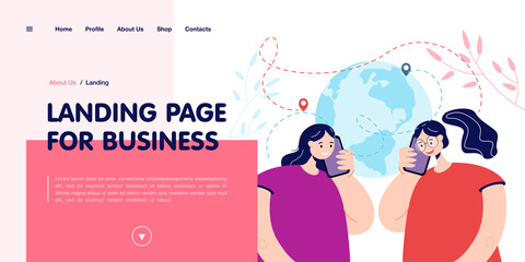 Friends from different continents talking on phone. Female characters with mobiles, globe with geolocation pins flat vector illustration. Communication, technology concept for banner, website design