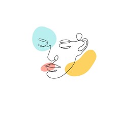 One line woman face with pink, yellow, blue. Vector minimalist illustration isolated on white background. 
