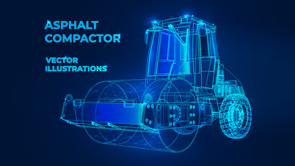 Polygonal 3d Asphalt compactor in dark blue background. Road repair service. Public transport. Service sector of the urban environment. - obrazy, fototapety, plakaty