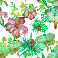 Orange Seamless Print. Pink Hibiscus Textile. Green Watercolor Painting. Purple Tropical Backdrop. Colorful Pattern Wallpaper. Floral Wallpaper. Botanical Background.