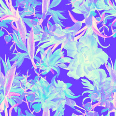 Fototapeta na wymiar Gray Tropical Plant. Turquoise Exotic Leaf. Blue Hibiscus Background. Seamless Print. Pattern Set. Watercolor Leaf. Summer Leaves. Flower Design.