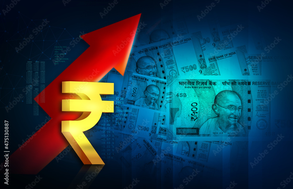 Wall mural Indian currency background with Indian rupee icon with up arrow illustration, stock market rise up concept. business growth 