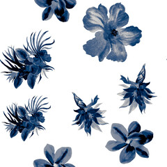 Indigo Watercolor Decor. Azure Flower Palm. Blue Seamless Wallpaper. Navy Hibiscus Decor. Pattern Background. Tropical Palm. Fashion Print. Art Leaves.