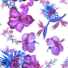 Pink Hibiscus Leaves. Purple Flower Backdrop. Violet Seamless Wallpaper. Watercolor Garden. Pattern Painting. Indigo Tropical Print. Exotic Print. Art Decor