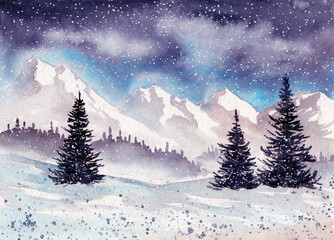 Watercolor illustration of a winter snowy landscape with dark fir trees, white snow and distant mountains in the background under a blue sky 