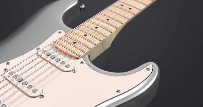 Metallic Gray Electric Guitar Slowly Moving. Macro Shot With Depth Of Field. Art And Entertainment Related 4K 3D Motion Graphics.