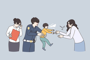 Social services and policeman take child from bad mother. Police officer and community worker remove kid from unstable mom suffer from addiction or problem. Flat vector illustration. 