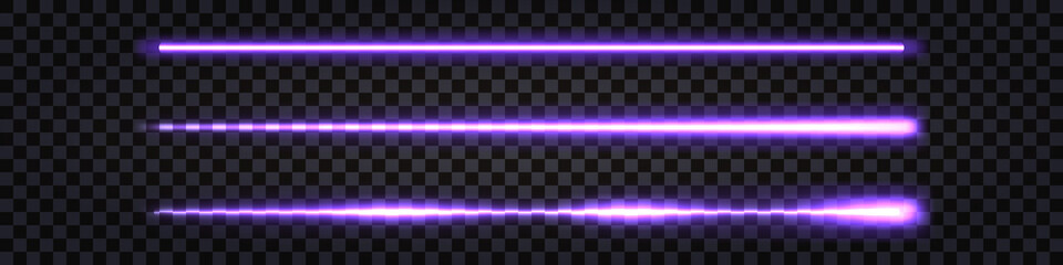 Purple neon sticks, laser beams with glowing light effect. Electric thunder bolt, fluorescent shiny ray lines isolated on transparent dark background. Vector illustration - obrazy, fototapety, plakaty