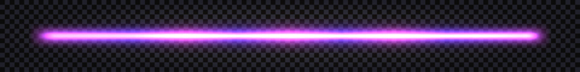 Neon stick, laser beam with glowing light effecr. Purple blue gradient, electric thunder bolt, fluorescent halogen ray lineisolated on dark transparent background. Vector illustration © Amarylle