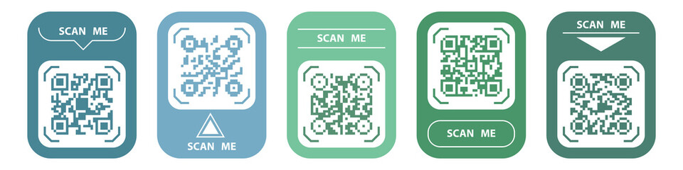 QR code icons for mobile phone scan, square qrcode labels. Colorful stickers with Scan me mark. Vector illustration
