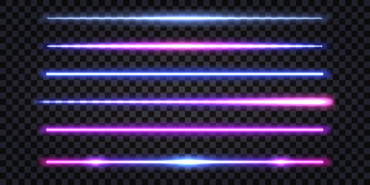 Neon sticks, llaser beams with glowing light effect. Gradient blue and purple straight line rays isolated on dark transparent background. Vector illustration