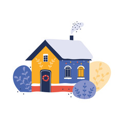 Cozy house in the snow is festively decorated. Merry Christmas and Happy New Year. Winter city landscape. Outside village house interior. Hand drawn illustration in cartoon flat style
