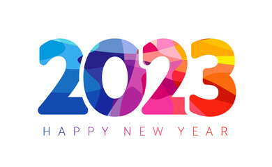2023 A Happy New Year congrats. Cut out creative coloured digits. Stained-glass art logotype concept. White backdrop. Abstract isolated graphic design template. Decorative numbers two, zero and three.