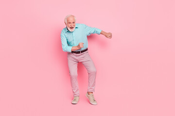 Full length photo of dynamic middle age man dance discotheque well groomed isolated pastel color...