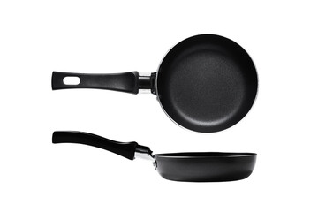 Black metal nonstick frying pan, isolated