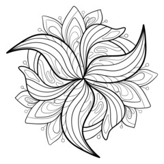 Decorative floral mandala with striped patterns on a white isolated backgrond. For coloring book pages.
