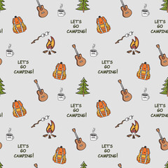 Seamless pattern, camping concept. Retro hand-drawn vector. For printing on T-shirts, posters and other purposes.
