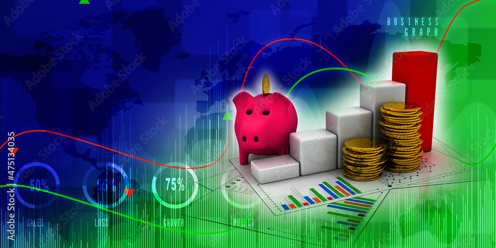 Poster 3d rendering pig coin bank with business graph