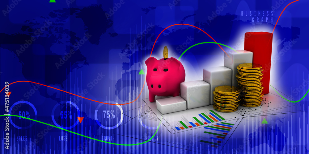 Poster 3d rendering pig coin bank with business graph