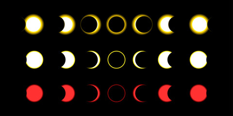 Moon and Sun eclipse phase set. Solar and Lunar yellow and red stages collection.