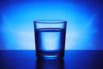 A glass with water at blue background	