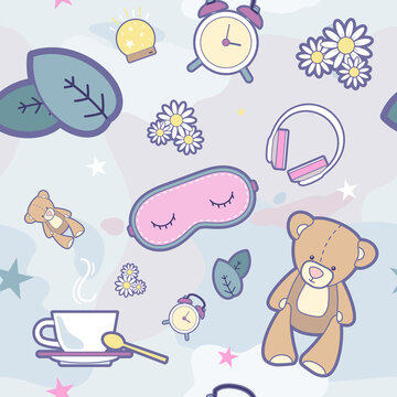 Sleep time vector seamless pattern. Illustration items vector set for good sleep. Good night cartoon pattern wallpaper for children badroom, wrapping paper for kids present in purple blue colors
