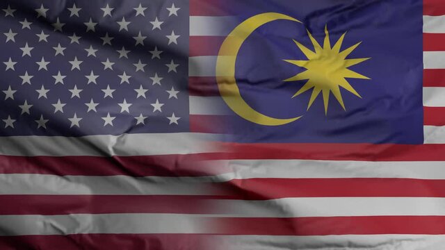 United States and Malaysia flag seamless closeup waving animation. United States and Malaysia Background. 3D render, 4k resolution