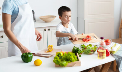 child unaided is cooking salad mixing ingredients of bowl at kittchen