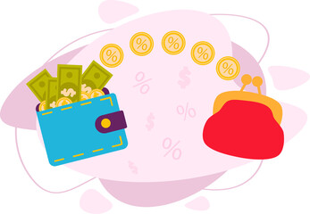 Money is flying from one wallet to another. A wallet full of money and an empty wallet. Flat vector illustration.