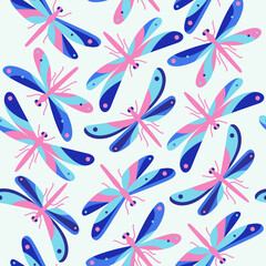 Fototapeta na wymiar Seamless trendy pattern with dragonfly. Colorful geometric illustration for clothing, packaging and postcards. Vector print.