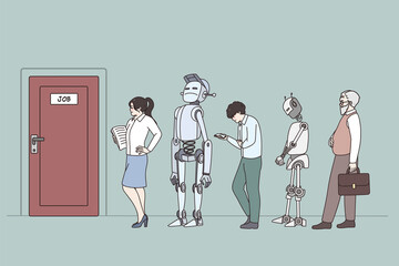 People and robots stand in line for interview compete for job position. Humanoids and human applicants in queue for recruitment talk. Digital world, technological revolution. Vector illustration. 