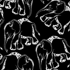 Graphic elephant on black background. Seamless pattern.