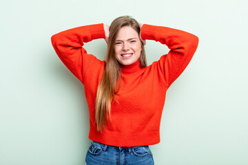 caucasian red hair woman feeling stressed, worried, anxious or scared, with hands on head,...