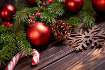 Christmas decoration with ball and fir branches