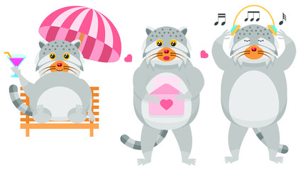 Set Abstract Collection Flat Cartoon 
Different Animal Manul Cat Reading A Love Letter, Listening To Music On Headphones, Resting In A Hammock Vector Design Style Elements Fauna Wildlife