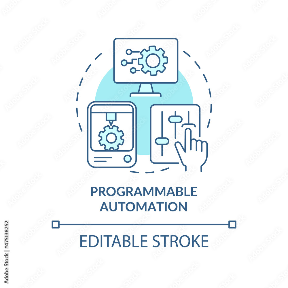 Poster programmable automation blue concept icon. producing product in batches abstract idea thin line illu