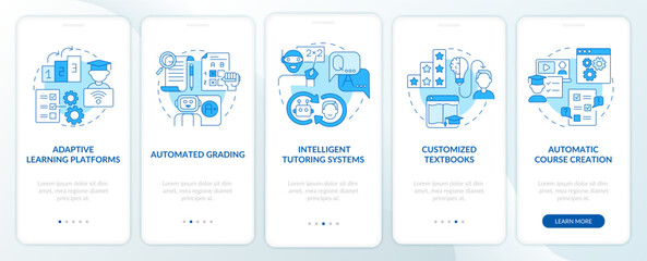 Automation of education blue onboarding mobile app screen set. AI walkthrough 5 steps graphic instructions pages with linear concepts. UI, UX, GUI template. Myriad Pro-Bold, Regular fonts used