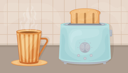 Toaster and cup. Vector composition with the image of a toaster with slices of bread and a cup with a hot drink standing on the kitchen table. Kitchen composition with morning breakfast