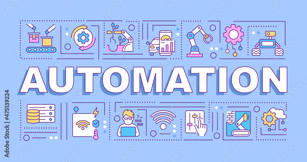 Poster automation word concepts blue banner. innovative technology. infographics with linear icons on backg