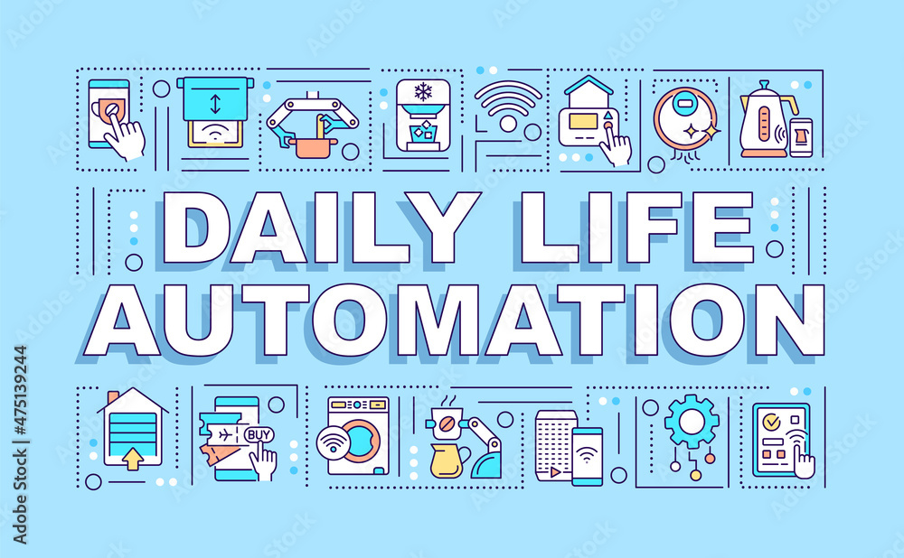 Poster daily life automation word concepts blue banner. infographics with linear icons on background. isola