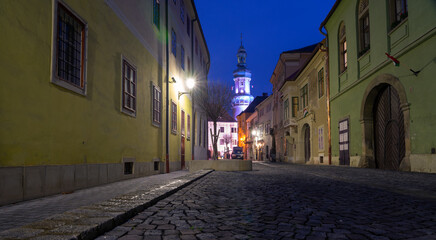 Illuminated Sopron narrow street in Hungary